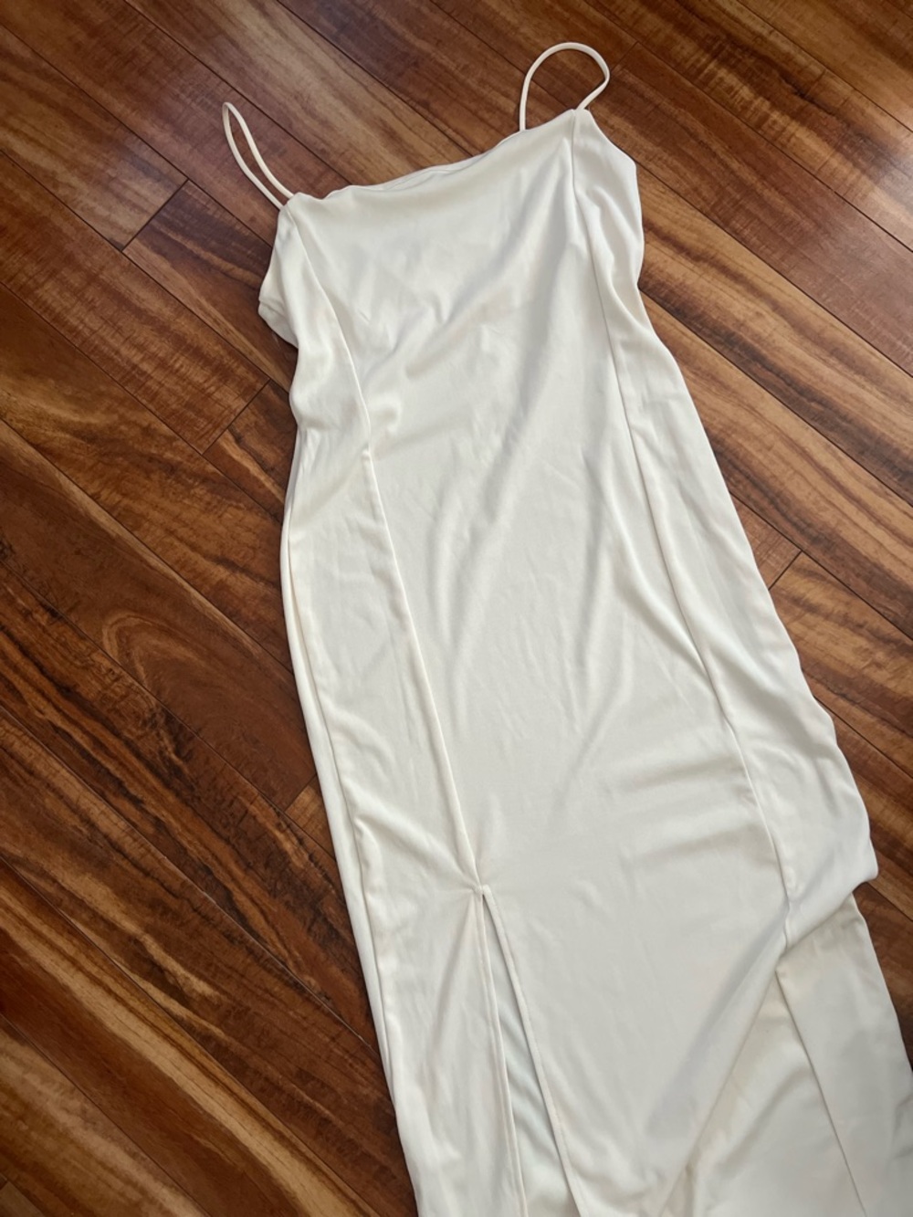 Fashion Nova Cream Satin Maxi Slip Dress with Thin Straps